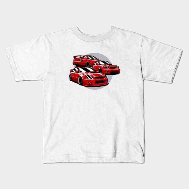 Red JDM Cars MIX Impreza Forester Kids T-Shirt by KaroCars